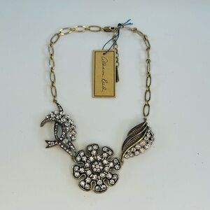 Allison Reed Antique Gold Tone Clear Crystal Asymmetrical Floral Necklace NWT